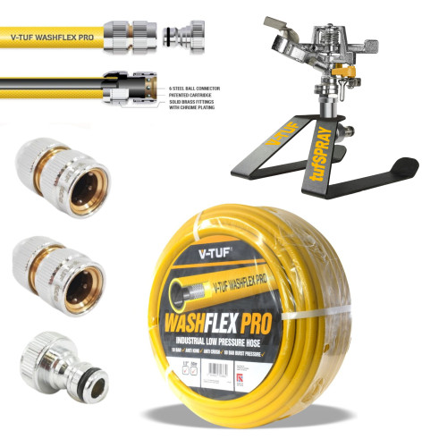 50m 1/2" 10 BAR WASHFLEX PRO WATER SUPPLY HOSE & KCQ COUPLING KIT & IRRIGATION KIT - BF1250-KIT2