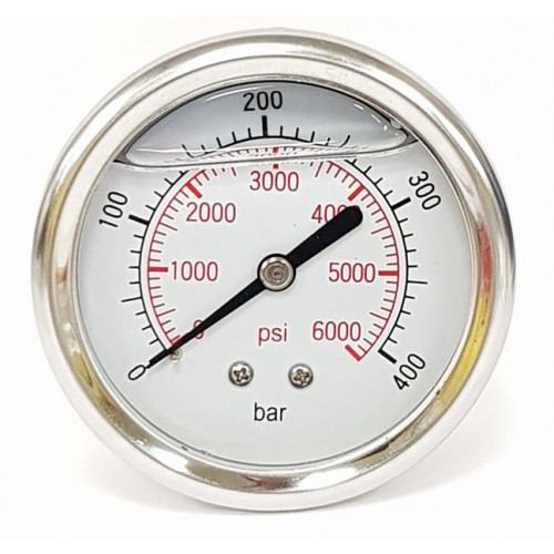 PRESSURE GAUGE 63mm diameter STAINLESS - 0 to 400 BAR 1/4M BACK ENTRY - C6.240SS