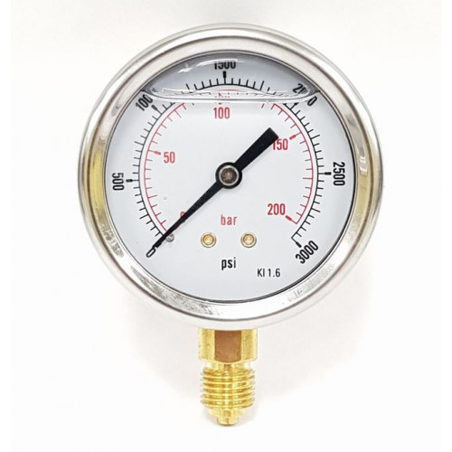 PRESSURE GAUGE 63mm diameter STAINLESS - 0 to 200 BAR 1/4M SIDE ENTRY - C6.525SS