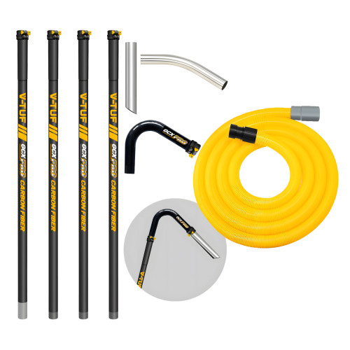 V-TUF GCX 20ft CARBON FIBRE GUTTER CLEANING POLE SET - 4pcs 1.5m, 135DEG ELBOW AND NOZZLE -  WITH 15M 38mm HOSE FITS FRONT INLET MACHINES