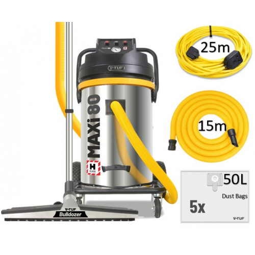 V-TUF MAXi - 50L H-Class 240v 1750w Industrial Dust Extraction Vacuum Cleaner - 32Ft High Level Cleaning Kit & Pipe Cleaning Tools