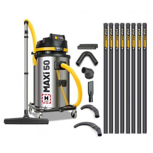 V-TUF MAXi - 50L H-Class 240v 1750w Industrial Dust Extraction Vacuum Cleaner - 16Ft High Level Cleaning Kit & Pipe Cleaning Tools