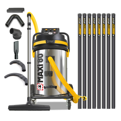 V-TUF MAXi - 80L H-Class 240v 3500w Industrial Dust Extraction Vacuum Cleaner - 32Ft High Level Cleaning Kit & Pipe Cleaning Tools