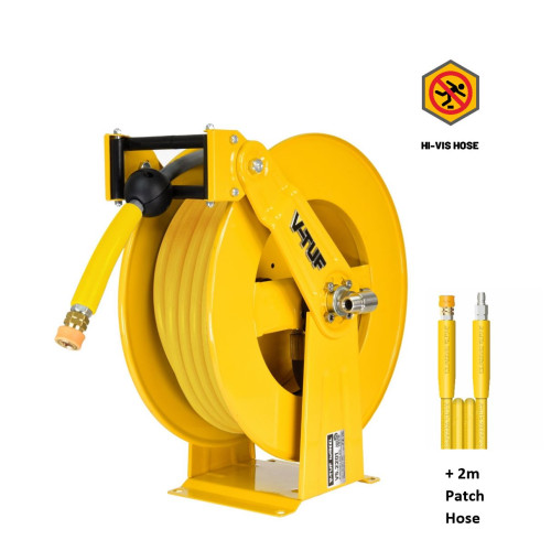 20M V-TUF Retractable tufREEL - Powder Coated Steel + 20M WASHFLEX YELLOW tufCOVER 3/8 2W HOSE MSQ KIT & 2m PATCH HOSE
