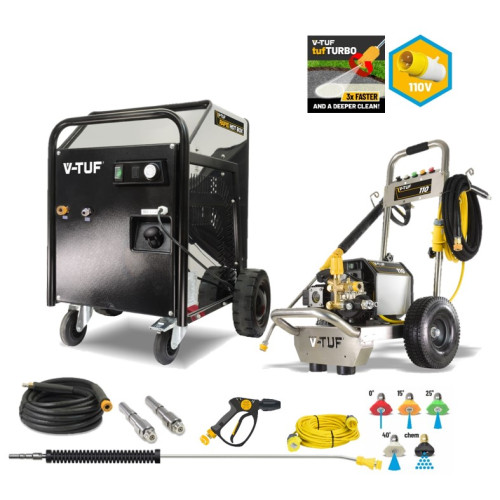 V-TUF 110 - 110v Compact, Industrial, Mobile Electric Site Pressure Washer - 1450psi, 100Bar, 12L/min - HOT WATER STONE CLEANING KIT