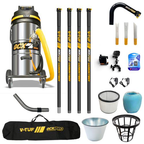 V-TUF 3.5KW 100L XTRA LARGE & RUGGED Industrial Powerful Vacuum Cleaner + 20FT GCX PRO CARBON FIBRE GUTTER KIT, CAMERA & BAG