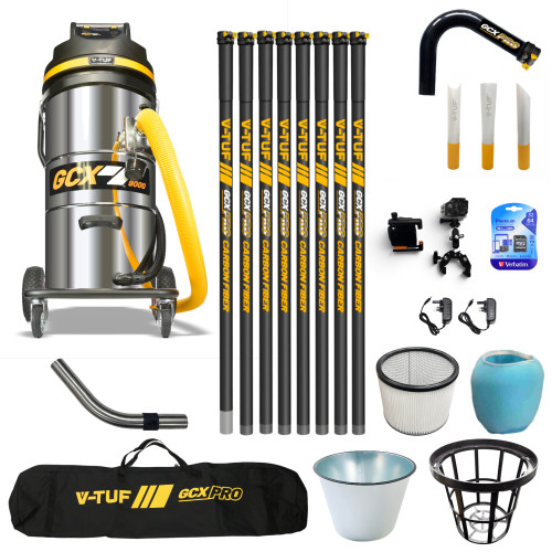 V-TUF 3.5KW 100L XTRA LARGE & RUGGED Industrial Powerful Vacuum Cleaner + 40FT GCX PRO CARBON FIBRE GUTTER KIT, CAMERA & BAG