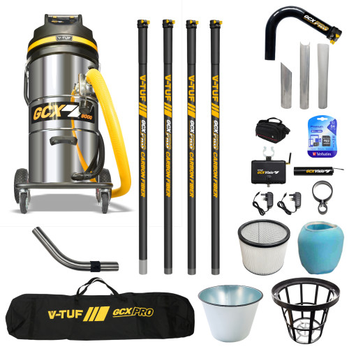 V-TUF 3.5KW 100L XTRA LARGE & RUGGED Industrial Powerful Vacuum Cleaner + 20FT GCX PRO CARBON FIBRE GUTTER KIT, CAMERA & BAG