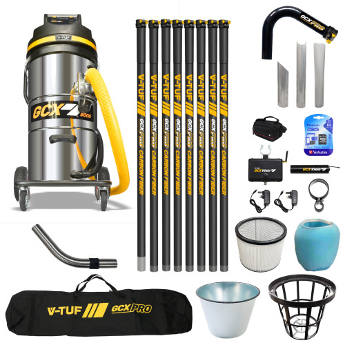 V-TUF 3.5KW 100L XTRA LARGE & RUGGED Industrial Powerful Vacuum Cleaner + 40FT GCX PRO CARBON FIBRE GUTTER KIT, CAMERA & BAG