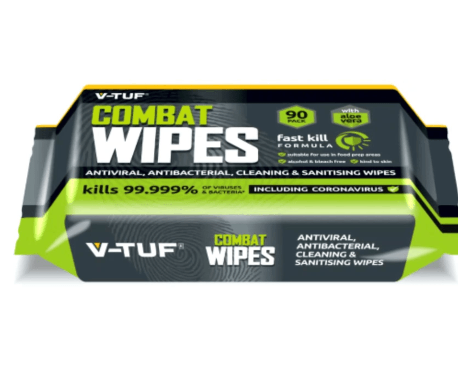 V-TUF COMBAT WIPES AntiViral AntiBacterial Hand & Surface Cleaning Disinfectant Wipes - 90 per Pack (with Aloe Vera) - VTABW-90