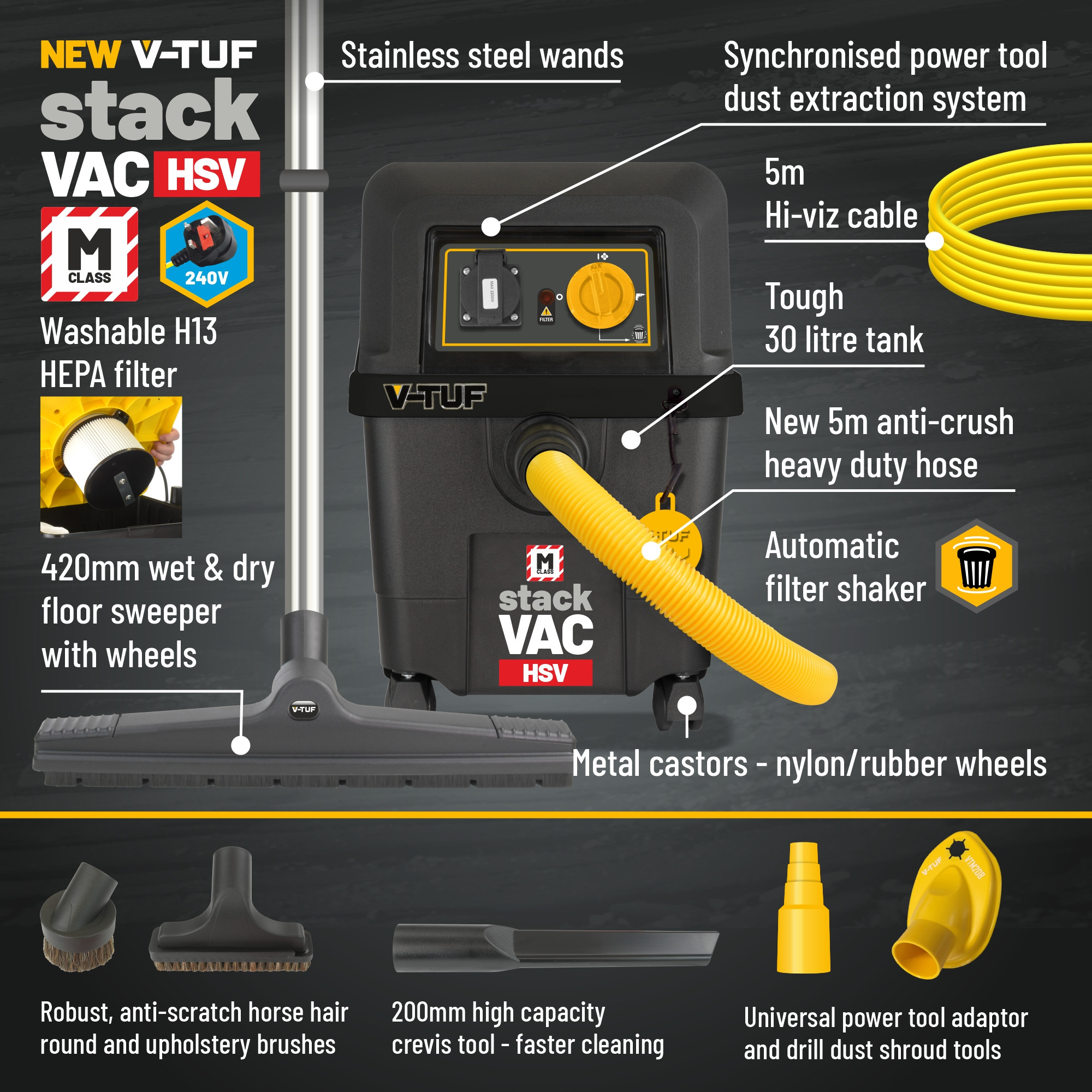 VTUF.co.uk VTUF STACKVAC HSV 240v 30L MClass Dust Extractor with